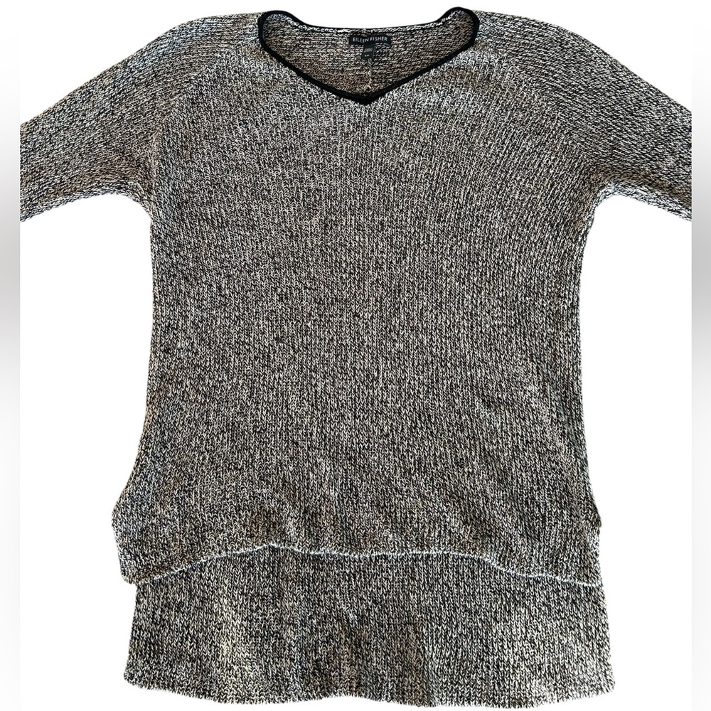 Eileen Fisher Linen Blend Black and White Knit SweaterV Neck Long Sleeve